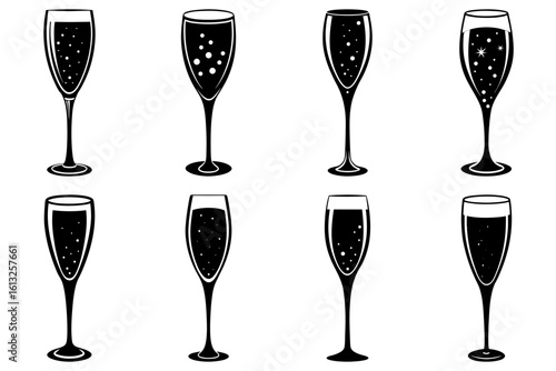 Illustration showing a set of eight champagne flutes filled with sparkling liquid in black and white style