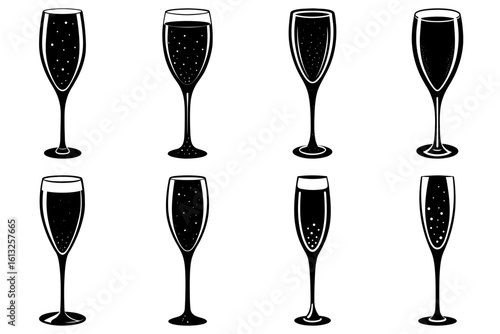 Illustration showcasing eight champagne flutes in monochrome with varying liquid levels and designs