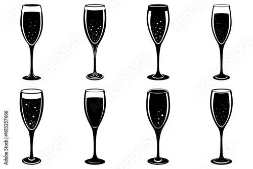 Illustration of eight champagne flutes filled with bubbly liquid in a black and white design style