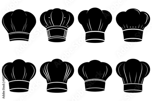 Collection of eight chef hats in black and white with varying shapes and designs in a symmetrical layout
