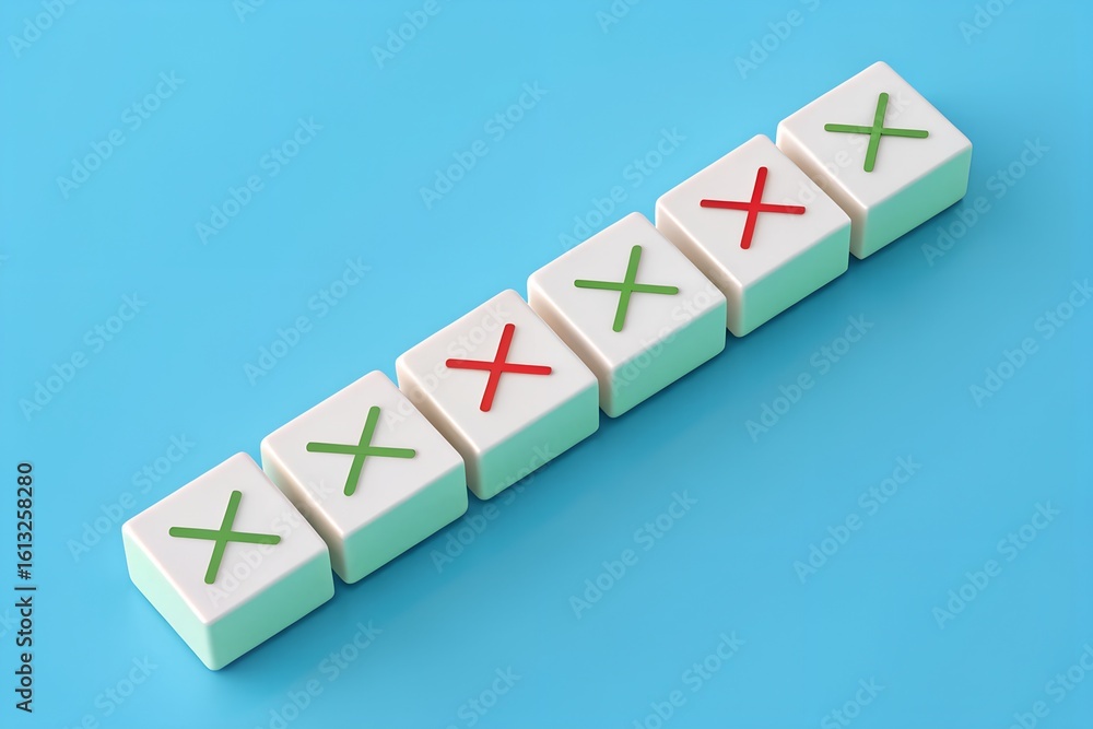 Obraz premium Inconsistency Check – Green and Red X Symbols on Sequential Cubes, Quality Review, Decision Contrast, Strategy, Minimal, Conceptual, Editorial