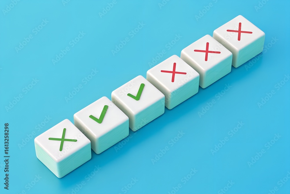Obraz premium Validation Patterns – Correct and Incorrect Symbols in Cube Sequence, Grading, Review Process, Strategy, Abstract, Editorial, Minimal