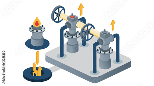 Isometric illustration of industrial pipes with valves and a gas flame on a platform system