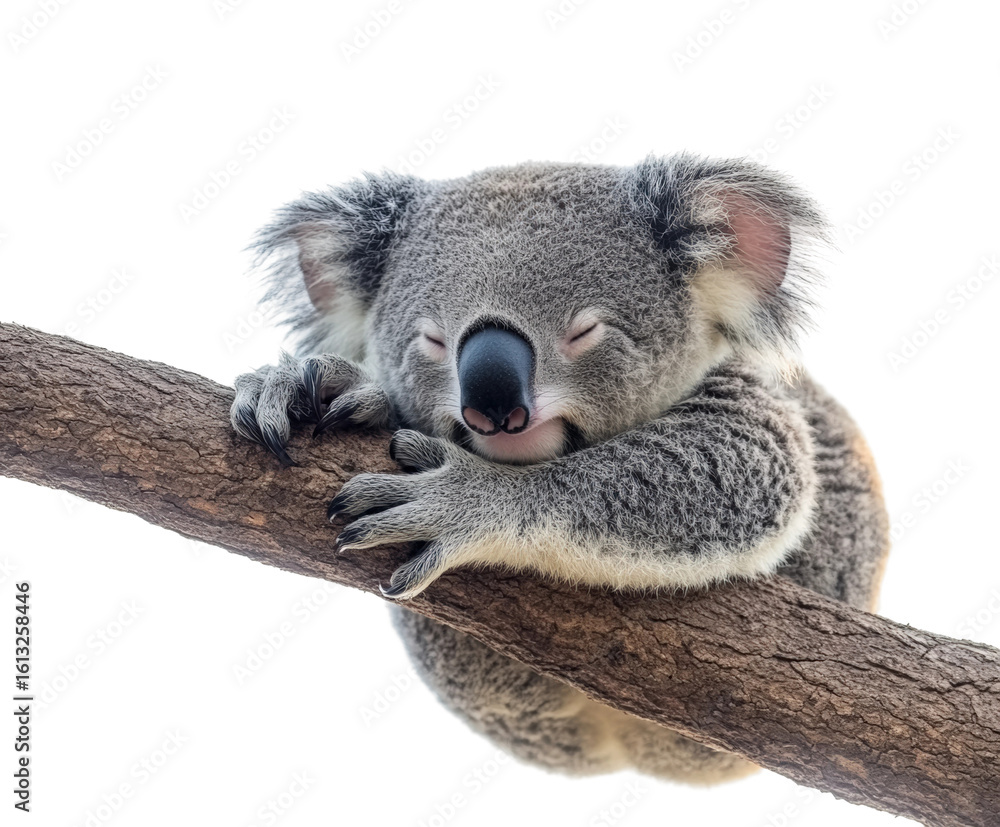Naklejka premium Sleeping koala on tree branch australia wildlife nature isolated on transparent background, png