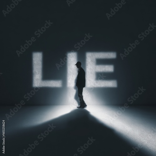 A solitary figure stands in shadow, with the word 