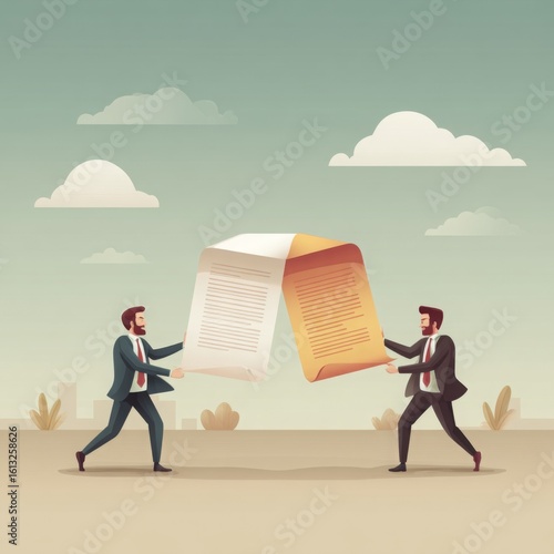 Two businessmen in suits holding and pulling large documents, symbolizing negotiation or contract dispute in a minimal outdoor setting.