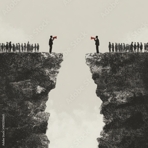 Standoff on the Cliffs: Where Litigation Meets Lawsuit. People stand on opposite cliff edges, each led by a figure speaking through a megaphone, symbolizing communication or conflict across a divide.