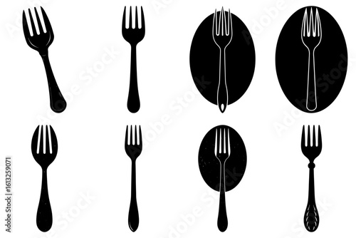 Illustration showing a collection of eight black and white forks in various styles and orientations