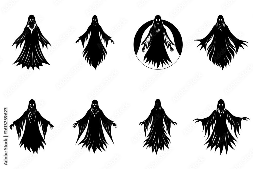 Fototapeta premium Collection of eight black ghost figures in different shapes and forms on a white isolated background