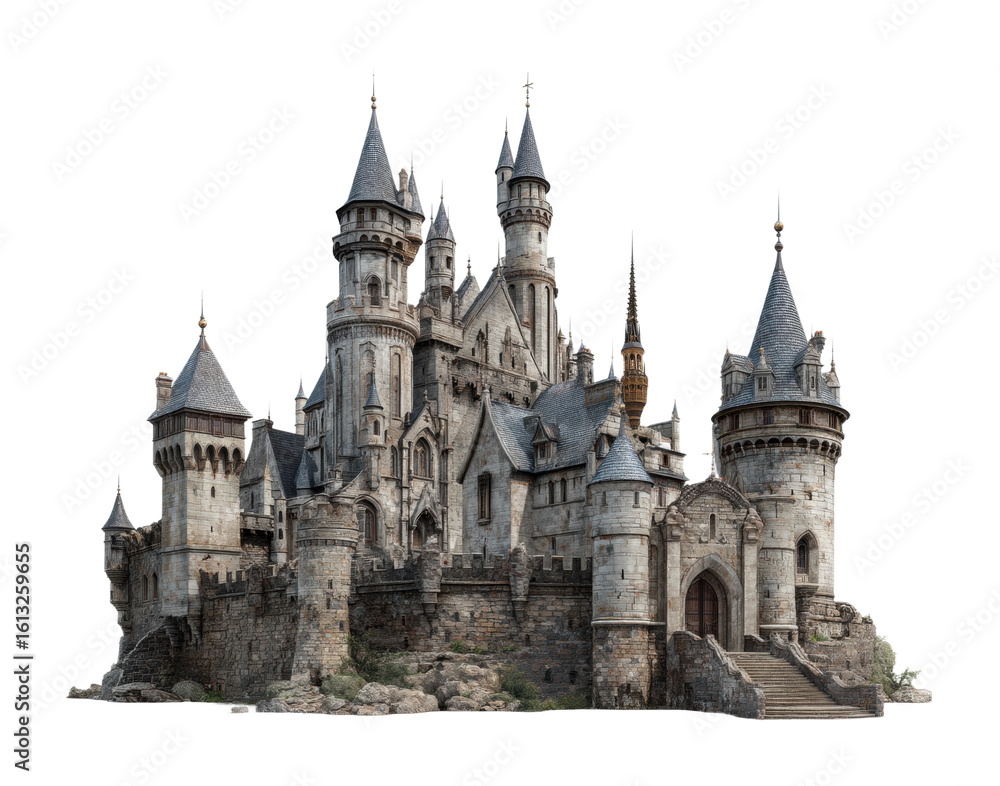 Fototapeta premium Majestic castle overview fantasy landscape digital isolated on transparent background, png