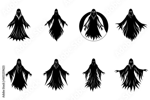 Collection of eight black ghost figures in different shapes and forms on a white isolated background