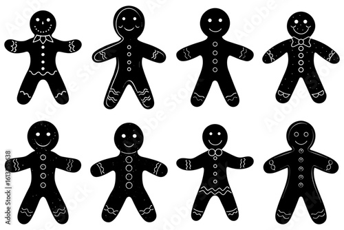 Illustration of eight black gingerbread men with different decorations and patterns on their bodies and limbs