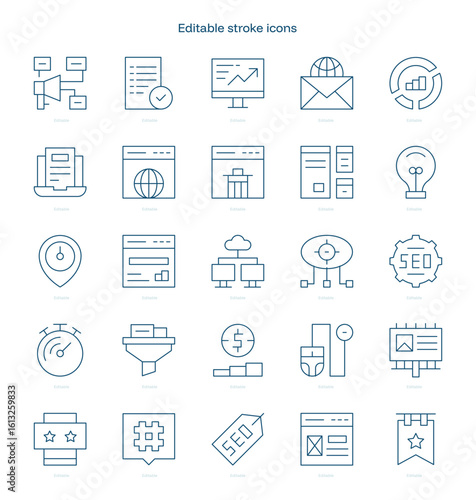 SEO and SEM stroke icon. SEO and SEM line icon set. editable stroke icon pack