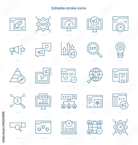 SEO and SEM stroke icon. SEO and SEM line icon set. editable stroke icon pack