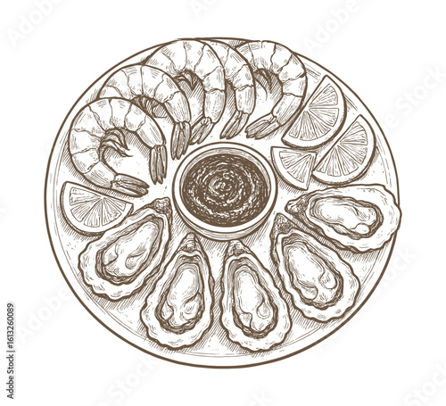 Elegant Seafood Platter: Delicious Oysters, Jumbo Shrimp, and Tangy Lemon Wedges Illustration