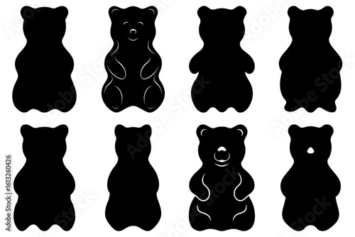 A collection of eight gummy bear silhouettes arranged in two rows on a white background space evenly