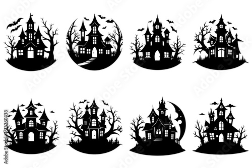 Collection of eight spooky haunted houses with bats and trees in black silhouette for halloween season theme vector