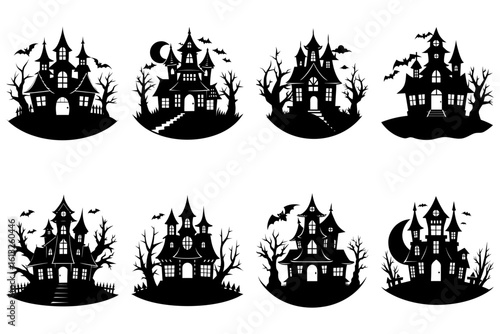 Collection of eight silhouette halloween haunted houses with bats and trees in oval frames design