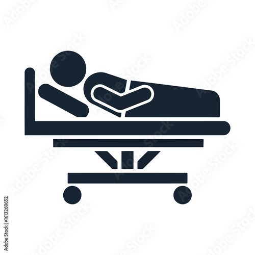 Patient on Hospital Gurney, Simple Icon, Healthcare Symbol, Medical Illustration, Flat Design, Dark Blue, Minimalist Style