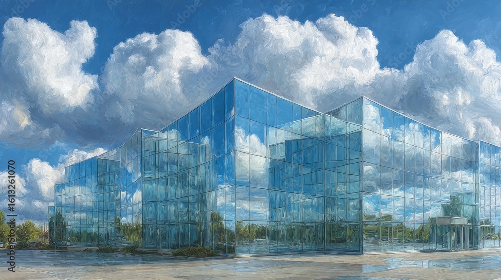 Obraz premium Glass-heavy school structure, reflection of sky