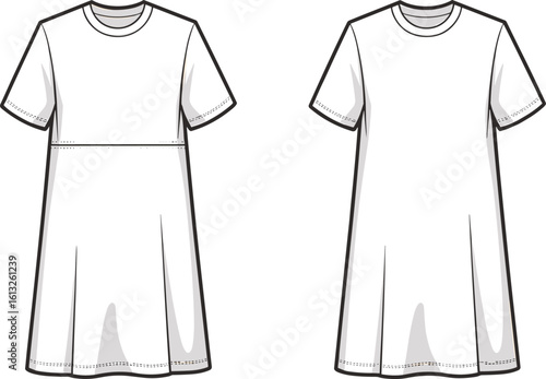 Short sleeve t-shirt dress technical flat sketch with waist seam front and back view, casual loose fit, fashion vector illustration