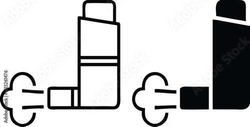 Inhaler Icons. Black and White Vector Illustrations. Medical Device For Introducing Medicines Into The Respiratory Tract. Nebulizer. Lung Disease Concept
