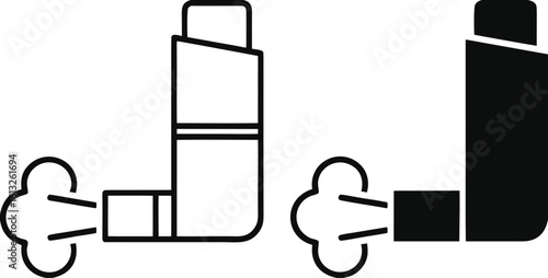 Inhaler Icons. Black and White Vector Illustrations. Medical Device For Introducing Medicines Into The Respiratory Tract. Nebulizer. Lung Disease Concept
