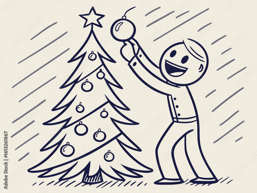 Fototapeta premium Vector illustration of a man decorating a Christmas tree with joy and enthusiasm