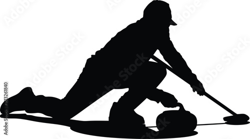 Athlete in a striking silhouette performing a curling slide with a broom and stone