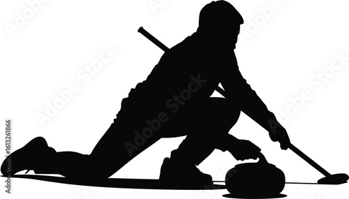 Athlete in silhouette playing curling on ice with broom and stone silhouette
