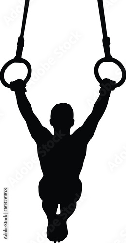 Athlete performing a strength exercise on gymnastic rings in a striking black silhouette