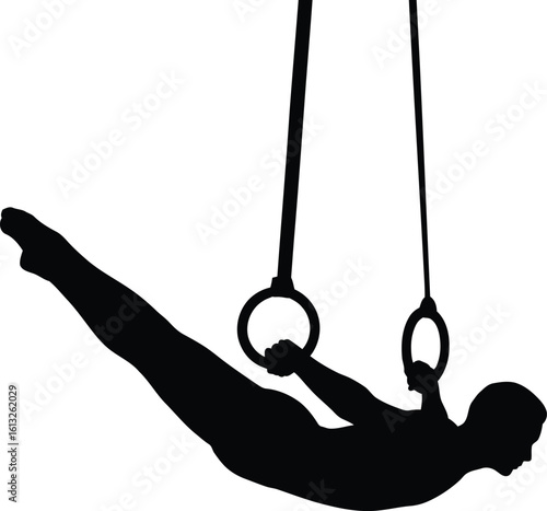 Athlete performing gymnastics on rings in a dynamic silhouette pose
