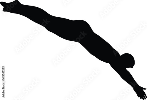 Athletic male diver captured in a dynamic black silhouette mid dive from a springboard silhouette