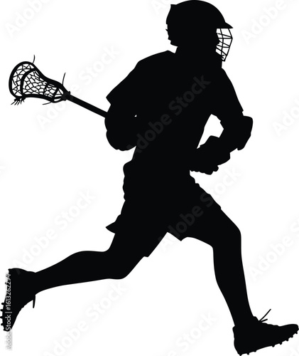 Athletic male lacrosse player running with stick during game silhouette