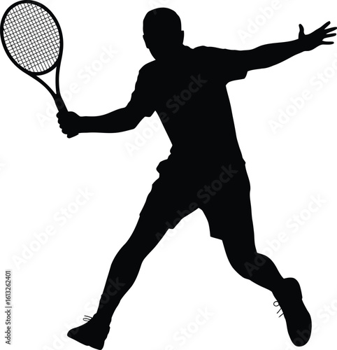 Athletic male tennis player in action hitting a forehand shot silhouette