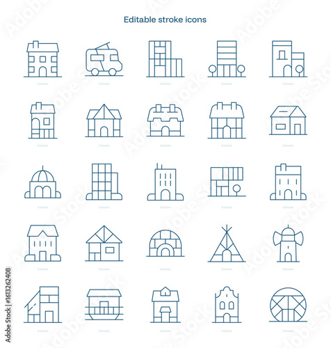 Types of houses stroke icon. Types of houses line icon set. editable stroke icon pack