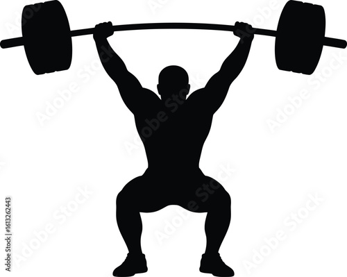 Athletic man performing overhead squat with barbell in a powerful silhouette pose