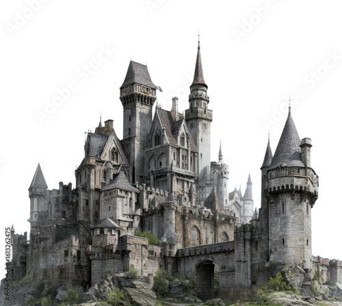 Majestic castle structure enchanted forest architectural fantasy landscape aerial view isolated on transparent background, png