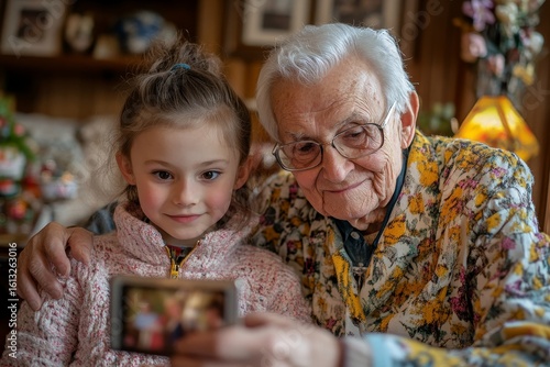 Grandparents taking a selfie with their grandchildren before a traditional Easter lunch, capturing family traditions and joyful celebrations, Generative AI