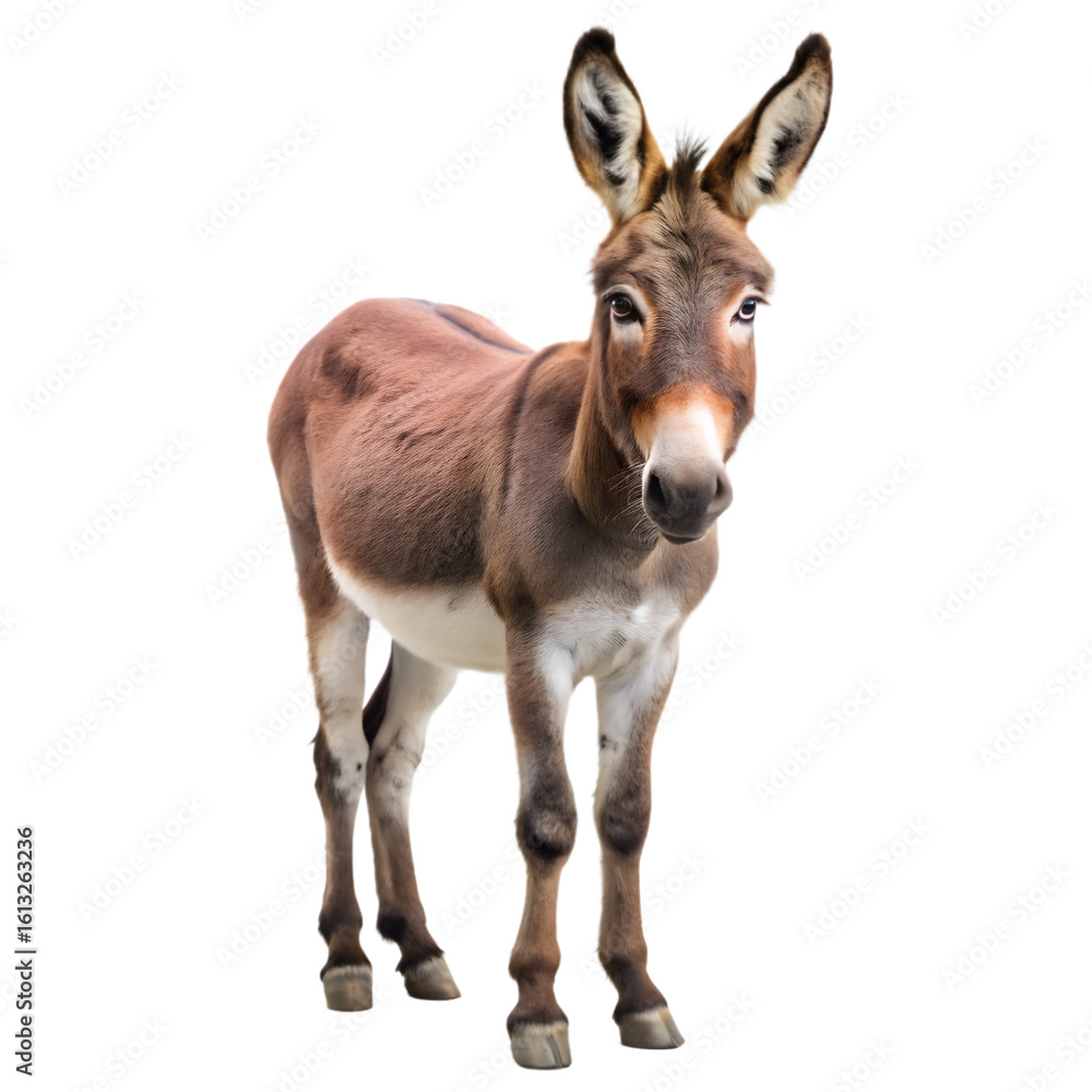 A cute young donkey stands facing forward on a plain transparent background, its large ears perked attentively A cute young donkey stands facing forward on a plain transparent background, its large ears perked attentively