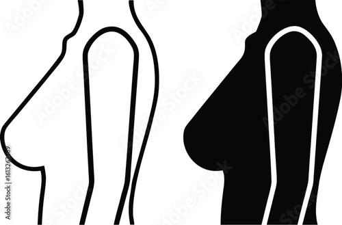 Breast Icons. Black and White Vector Illustration. Female Mammary Glands, Torso, and Arm. Human Body Part, Medical. Anatomy Concept
