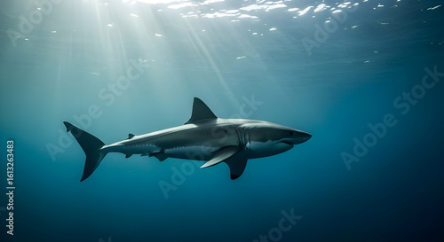 Powerful Shark Swimming in Deep Blue Sea