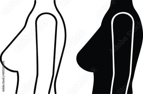 Breast Icons. Black and White Vector Illustration. Female Mammary Glands, Torso, and Arm. Human Body Part, Medical. Anatomy Concept
