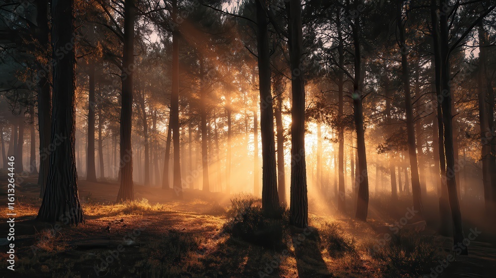 Fototapeta premium golden sunrise light breaking through dense fog and tall pine trees in a quiet forest