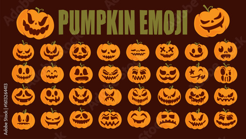 Big set of pumpkin emoji faces for autumn, Halloween, and Thanksgiving in cartoon style on dark background.