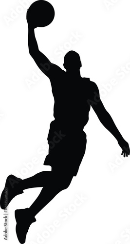 Dynamic basketball player in mid air executing a powerful slam dunk silhouette