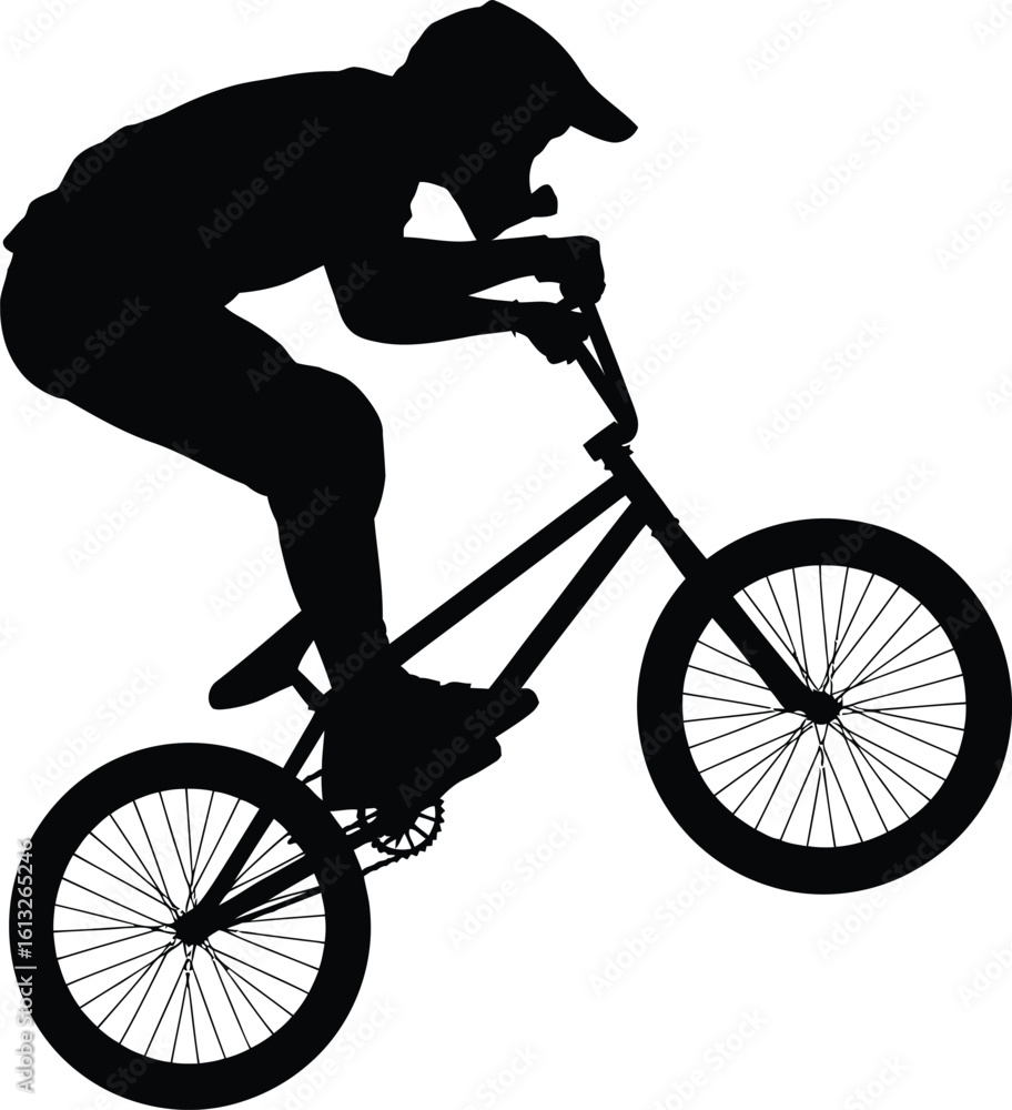 Fototapeta premium Dynamic bmx rider performing a wheelie trick on a bicycle in a striking black silhouette