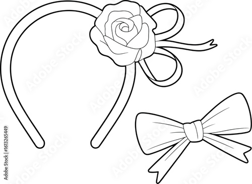 Illustration of a gold headband with a pink rose and brown bow next to a red bow on white background