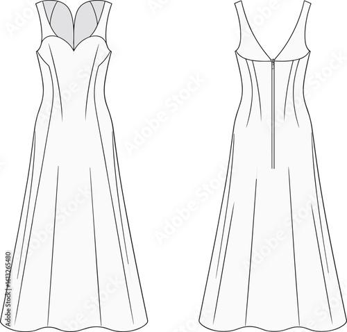 Elegant sweetheart neckline evening gown, flared mermaid silhouette, back zipper, sleeveless formal dress, CAD flat sketch, vector fashion illustration
