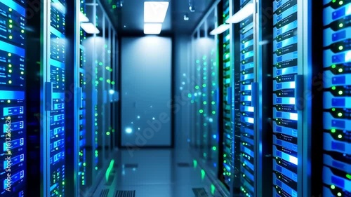Data Center Server Racks with Blinking Lights in Modern Technology Environment